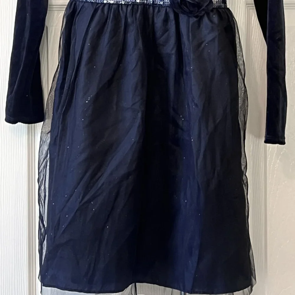 Childrens Place Girl Holiday Formal Wedding Dressy Blue Velveteen Tule Dress